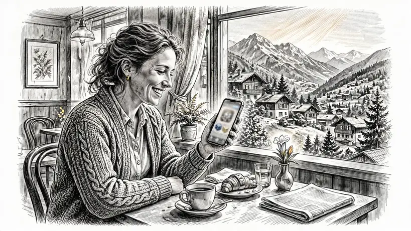 Junge Frau im Wiener Café mit Smartphone und Alpenhintergrund
