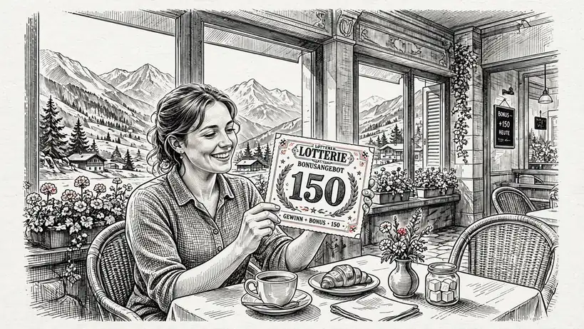 Junge Frau mit 150‑Tickets im Café, Berge im Hintergrund, sonniges Licht