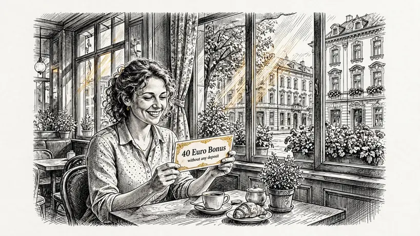 Junge Frau in einem Wiener Café hält einen goldenen 40‑Euro‑Bonusschein