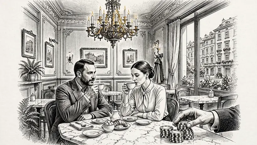 Elegantes Wiener Café mit warmem Licht und Casino-Chips im Hintergrund