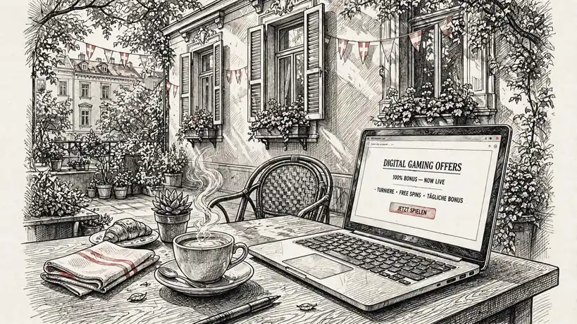 Sonnige Wiener Café‑Terrasse mit Laptop und Café‑Getränk