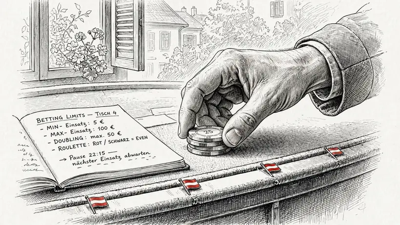 Hand legt Casinofiche neben Notizbuch mit Einsatzlimits